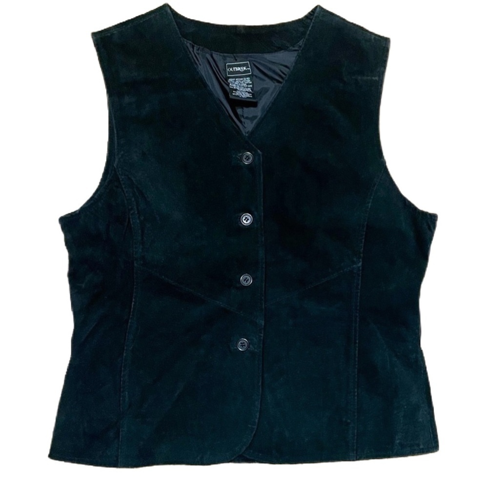 Vintage 100% leather Outbrook Vest Black Suede Sleeveless Button Up Biker Riding